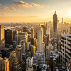 Panoramic view of New York City with many high-rise buildings and sunlight falling on the windows.