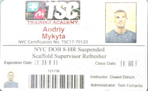 NYC DOB Suspended Scaffold Supervisor Certificate - Andriy Mykyta - Cert# TSC17-70120