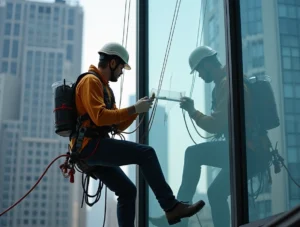 A professional window installer in a safety harness applying film on a skyscraper's exterior window, with a reflection of the city in the glass.