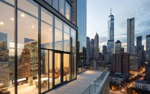 The view is of the New York City panorama, with clean, clear panes of glass through which you can see the cityscape.