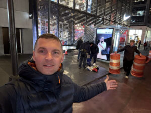 Andriy Mykyta and Total Window Service crew preparing for night shift facade cleaning at Nike House of Innovation on 5th Avenue Manhattan